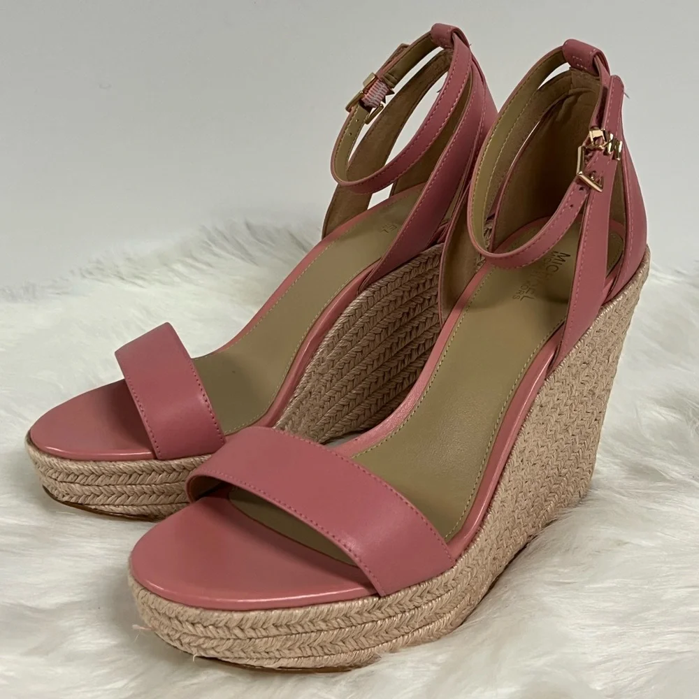 Michael Kors Kimberly Leather Platform Espadrille Wedges In Coral Size 10 NWOB